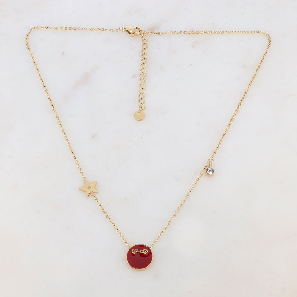 Collier avec étoile, oxyde de zirconium et bouton émaillé rouge (40+5CM)