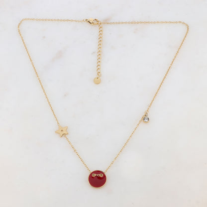 Collier avec étoile, oxyde de zirconium et bouton émaillé rouge (40+5CM)