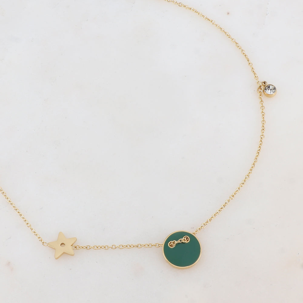 Collier avec étoile, oxyde de zirconium et bouton émaillé vert (40+5CM)