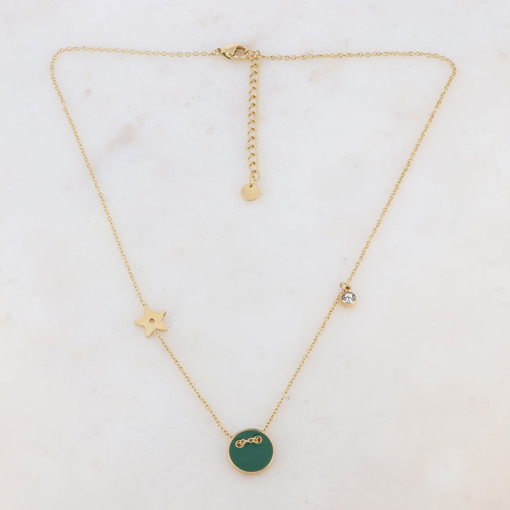 Collier avec étoile, oxyde de zirconium et bouton émaillé vert (40+5CM)