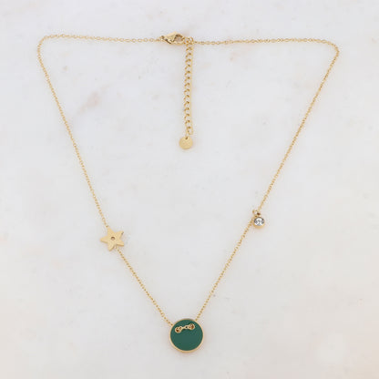 Collier avec étoile, oxyde de zirconium et bouton émaillé vert (40+5CM)