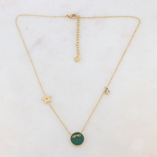 Collier avec étoile, oxyde de zirconium et bouton émaillé vert (40+5CM)