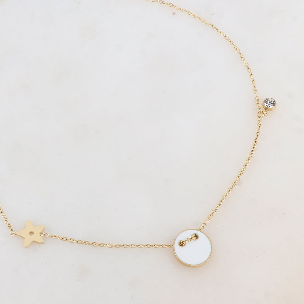Collier avec étoile, oxyde de zirconium et bouton émaillé blanc (40+5CM)