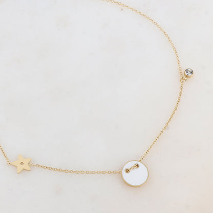 Collier avec étoile, oxyde de zirconium et bouton émaillé blanc (40+5CM)