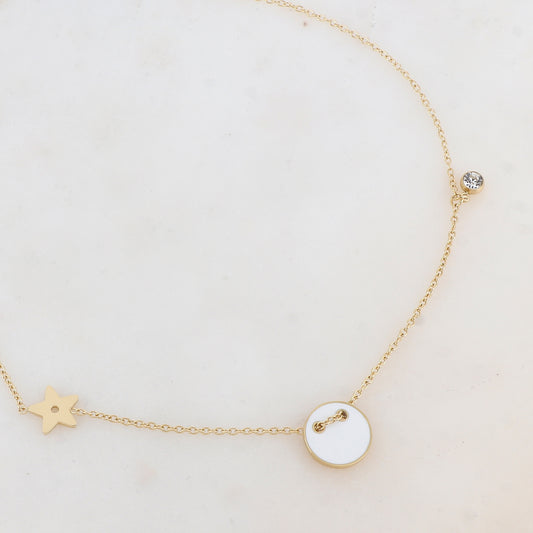 Collier avec étoile, oxyde de zirconium et bouton émaillé blanc (40+5CM)