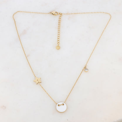 Collier avec étoile, oxyde de zirconium et bouton émaillé blanc (40+5CM)
