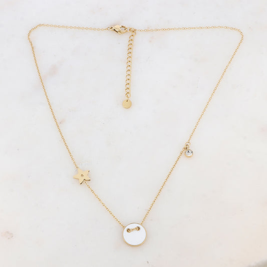 Collier avec étoile, oxyde de zirconium et bouton émaillé blanc (40+5CM)