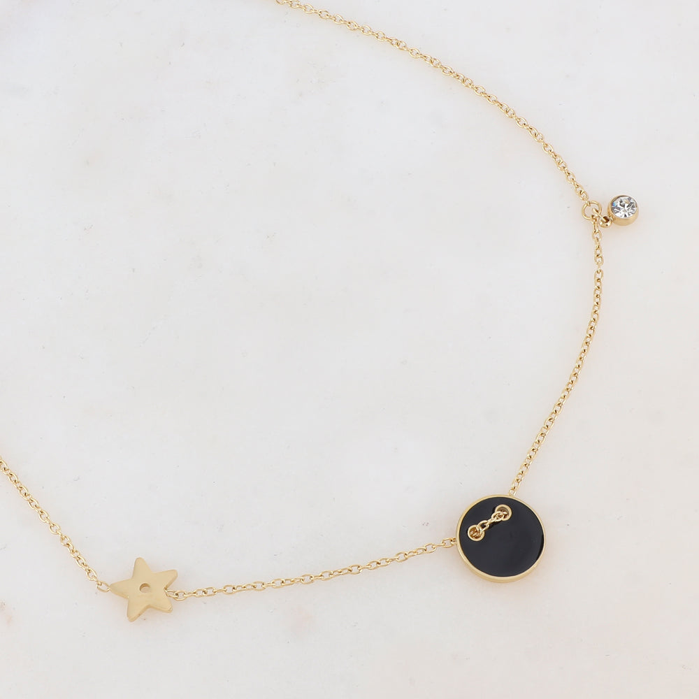 Collier avec étoile, oxyde de zirconium et bouton émaillé noir (40+5CM)