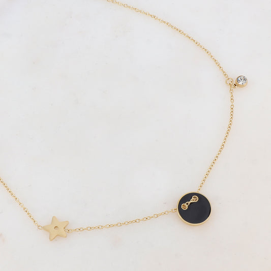 Collier avec étoile, oxyde de zirconium et bouton émaillé noir (40+5CM)