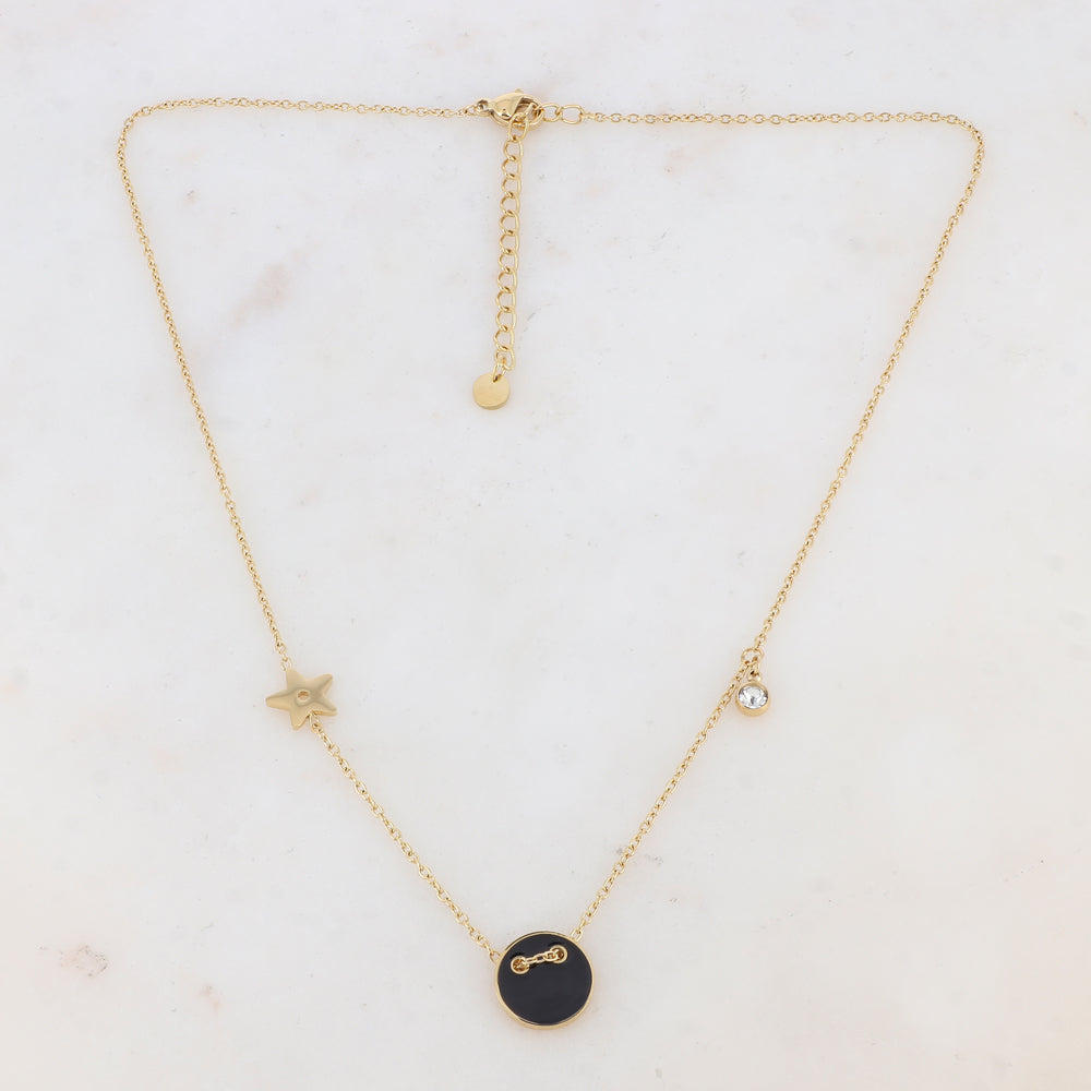 Collier avec étoile, oxyde de zirconium et bouton émaillé noir (40+5CM)