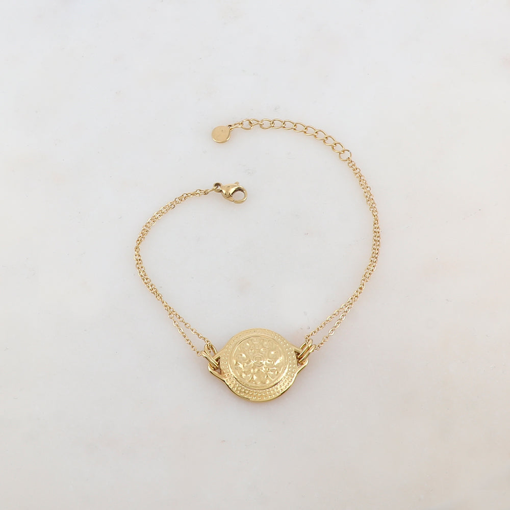 Bracelet deux rangs avec pièce ronde martelée