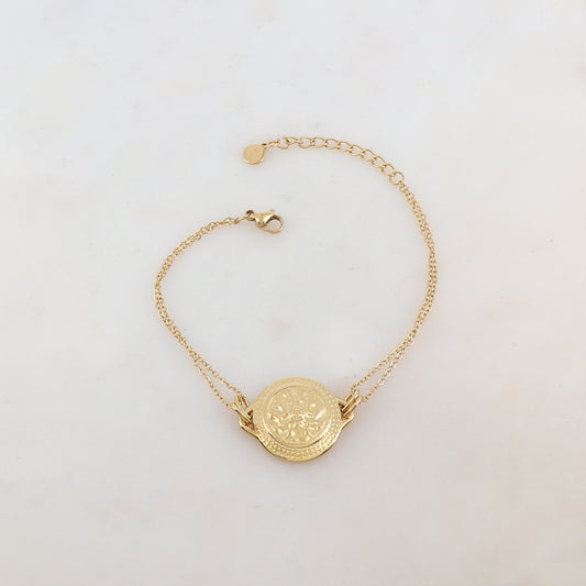Bracelet deux rangs avec pièce ronde martelée