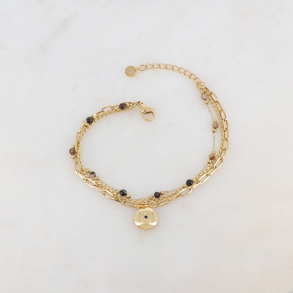 Bracelet trois rangs avec maille, pierres naturelles, étoile et strass