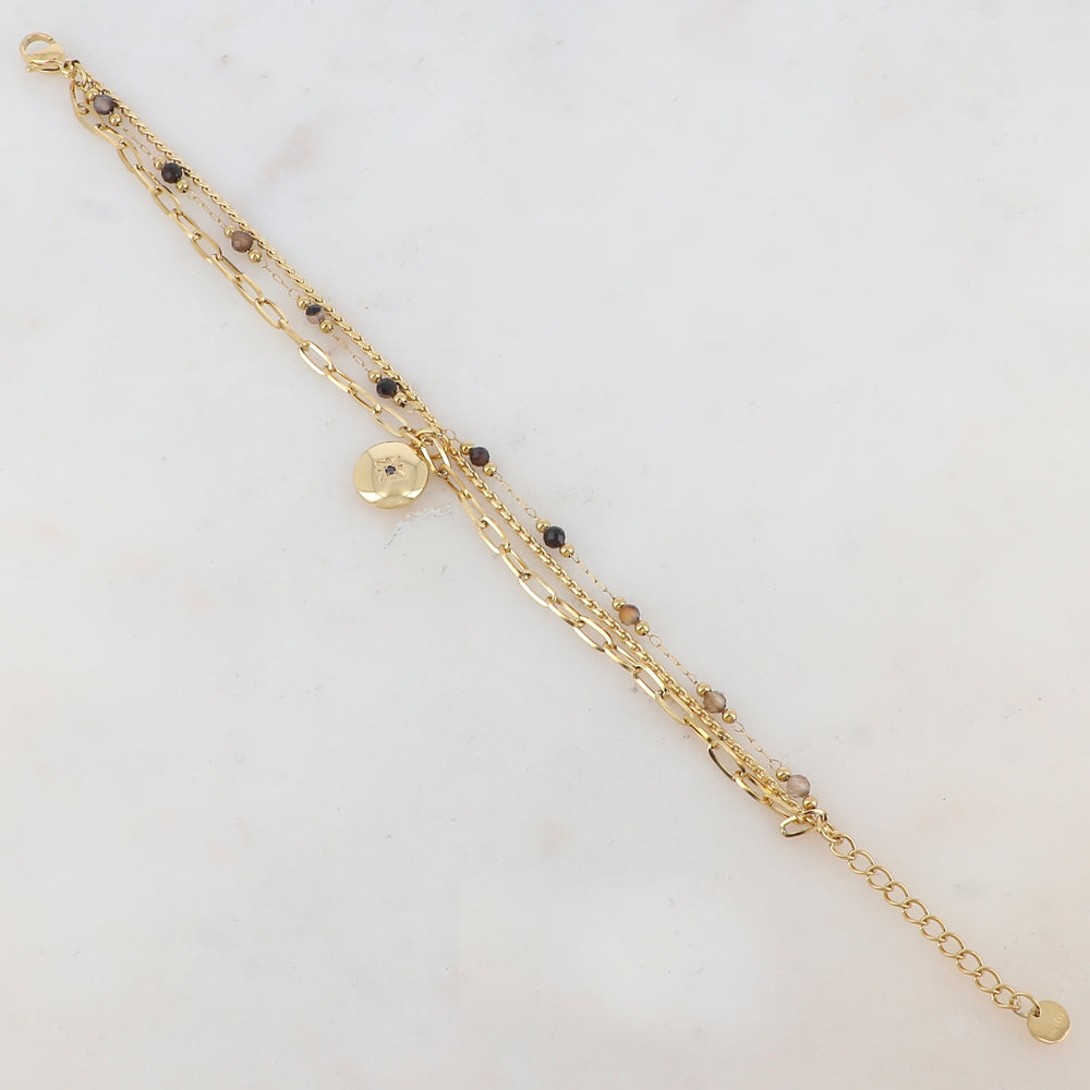 Bracelet trois rangs avec maille, pierres naturelles, étoile et strass