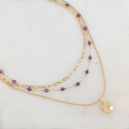 Collier 3 rangs avec maille, pierres naturelles, étoile et strass (40/42/44+5CM)