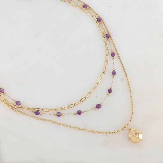 Collier 3 rangs avec maille, pierres naturelles, étoile et strass (40/42/44+5CM)