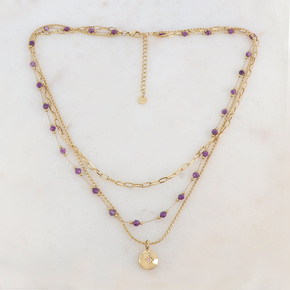 Collier 3 rangs avec maille, pierres naturelles, étoile et strass (40/42/44+5CM)