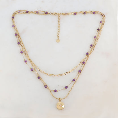 Collier 3 rangs avec maille, pierres naturelles, étoile et strass (40/42/44+5CM)