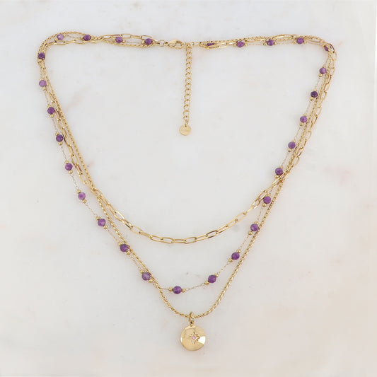 Collier 3 rangs avec maille, pierres naturelles, étoile et strass (40/42/44+5CM)