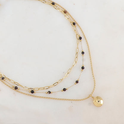 Collier 3 rangs avec maille, pierres naturelles, étoile et strass (40/42/44+5CM)