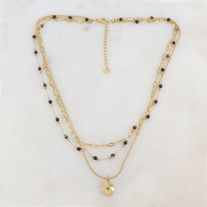 Collier 3 rangs avec maille, pierres naturelles, étoile et strass (40/42/44+5CM)