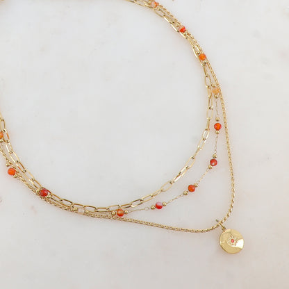 Collier 3 rangs avec maille, pierres naturelles, étoile et strass (40/42/44+5CM)