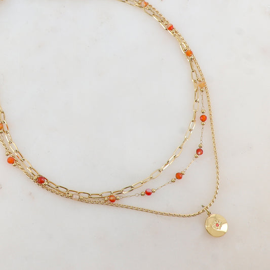 Collier 3 rangs avec maille, pierres naturelles, étoile et strass (40/42/44+5CM)