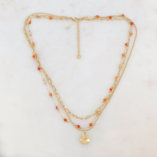 Collier 3 rangs avec maille, pierres naturelles, étoile et strass (40/42/44+5CM)