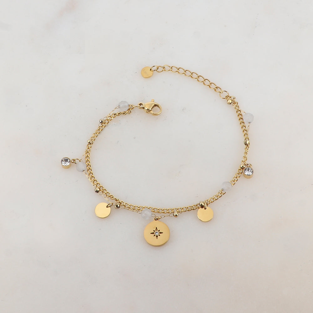 Bracelet deux rangs avec pampilles rondes, strass et pierres naturelles