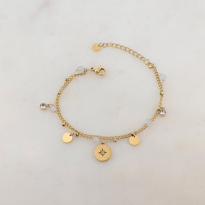 Bracelet deux rangs avec pampilles rondes, strass et pierres naturelles