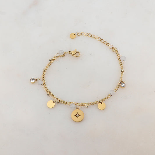 Bracelet deux rangs avec pampilles rondes, strass et pierres naturelles