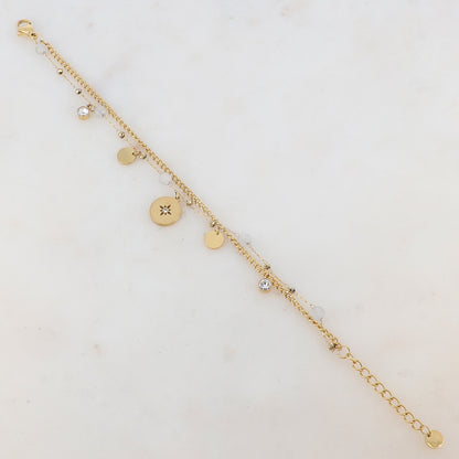 Bracelet deux rangs avec pampilles rondes, strass et pierres naturelles