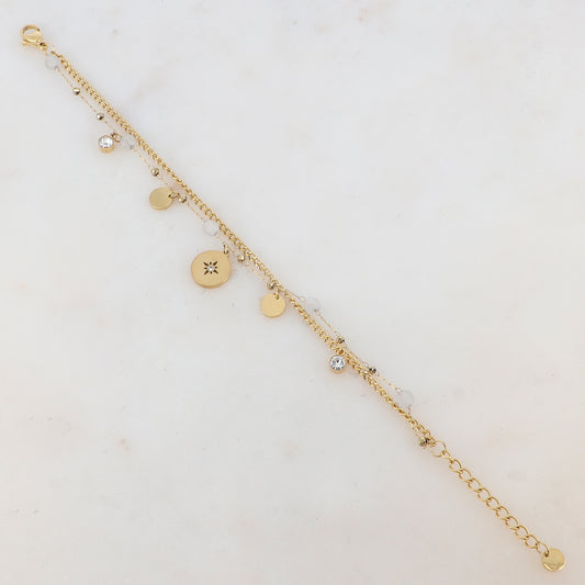 Bracelet deux rangs avec pampilles rondes, strass et pierres naturelles