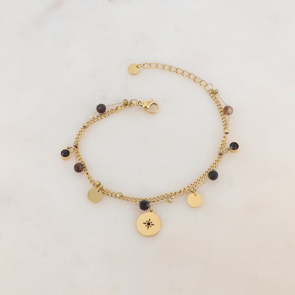 Bracelet deux rangs avec pampilles rondes, strass et pierres naturelles