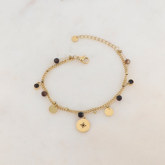 Bracelet deux rangs avec pampilles rondes, strass et pierres naturelles