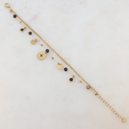 Bracelet deux rangs avec pampilles rondes, strass et pierres naturelles