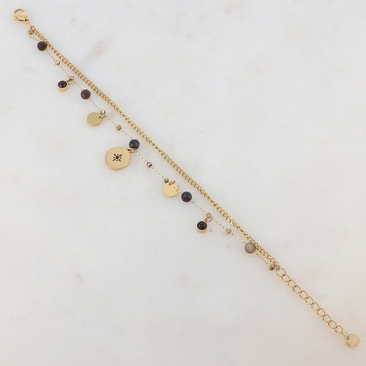 Bracelet deux rangs avec pampilles rondes, strass et pierres naturelles