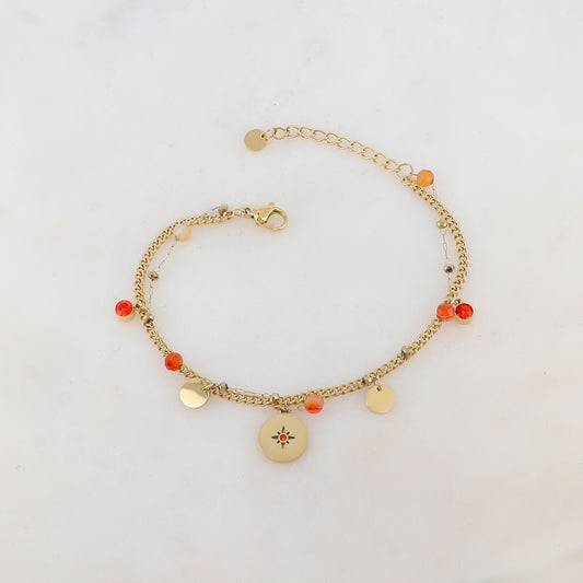 Bracelet deux rangs avec pampilles rondes, strass et pierres naturelles