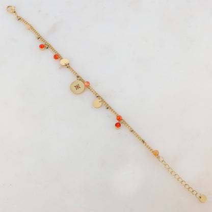 Bracelet deux rangs avec pampilles rondes, strass et pierres naturelles