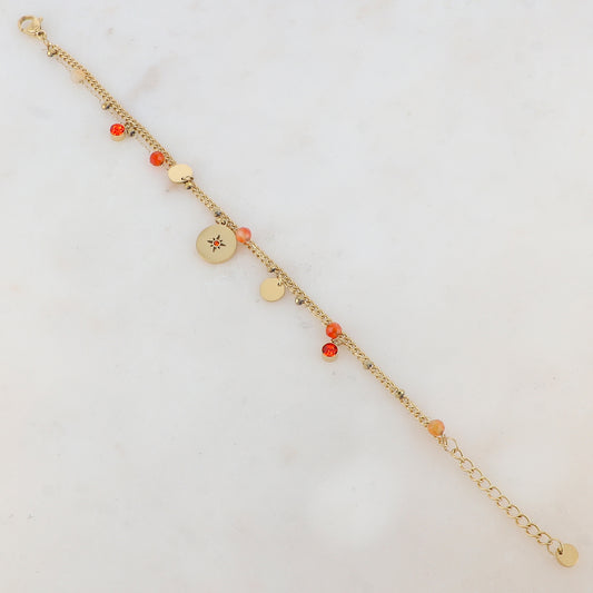 Bracelet deux rangs avec pampilles rondes, strass et pierres naturelles