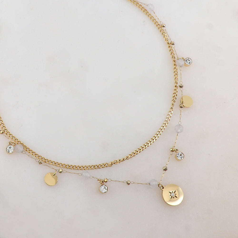 Collier 2 rangs avec pampilles rondes, strass et pierres naturelles (40/44+5CM)