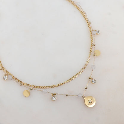 Collier 2 rangs avec pampilles rondes, strass et pierres naturelles (40/44+5CM)