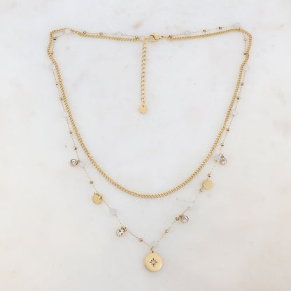 Collier 2 rangs avec pampilles rondes, strass et pierres naturelles (40/44+5CM)