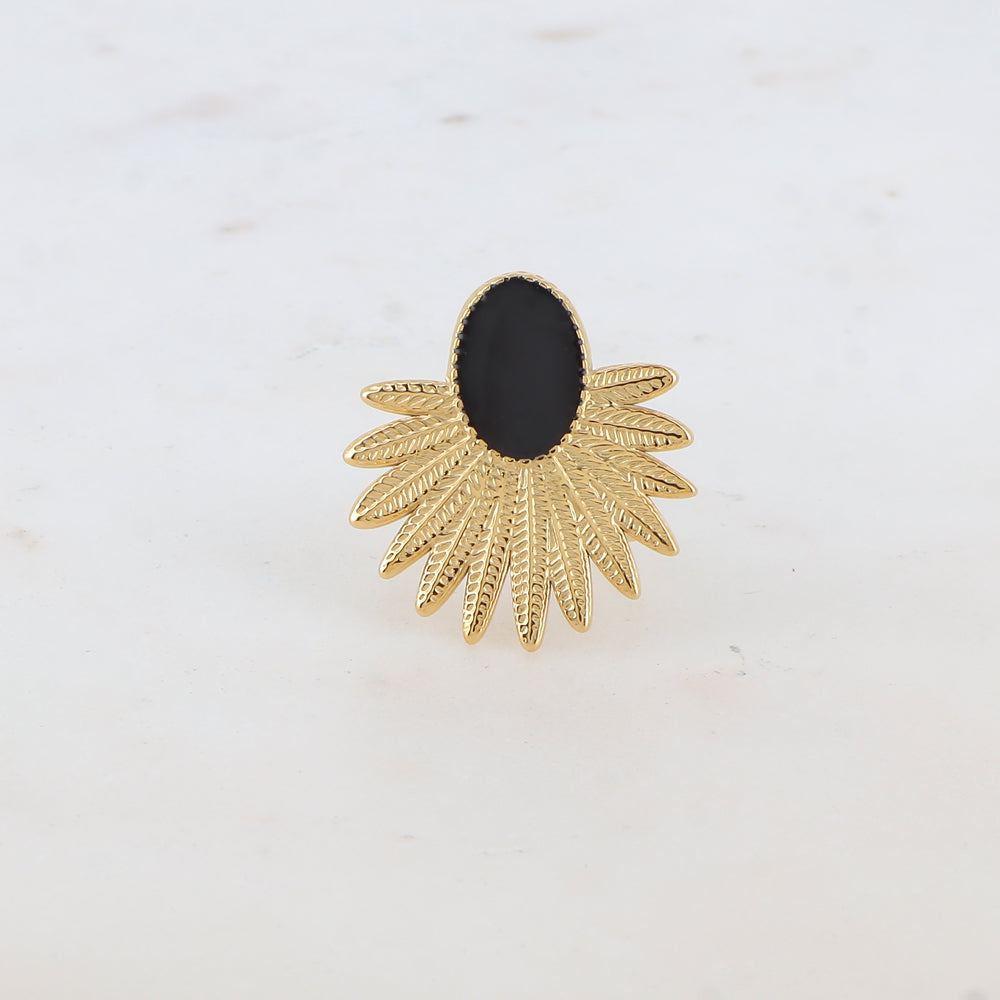 Bague avec feuillage et pièce ovale émaillée - Noir