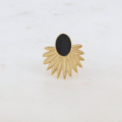 Bague avec feuillage et pièce ovale émaillée - Noir
