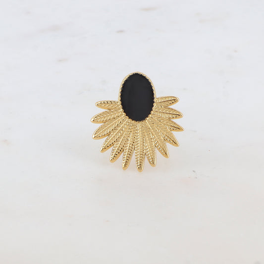 Bague avec feuillage et pièce ovale émaillée - Noir