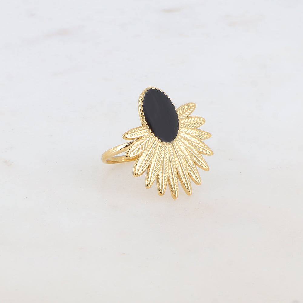 Bague avec feuillage et pièce ovale émaillée - Noir