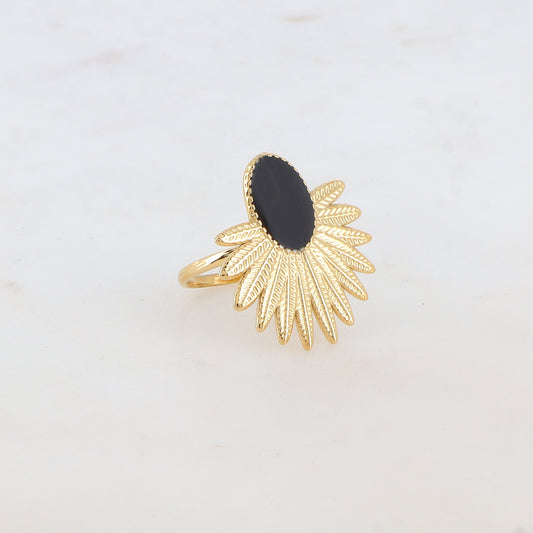Bague avec feuillage et pièce ovale émaillée - Noir