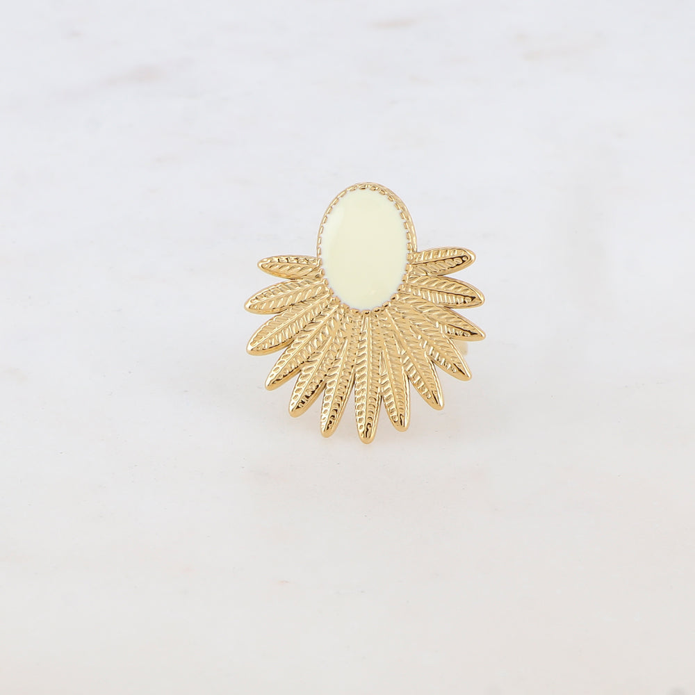 Bague avec feuillage et pièce ovale émaillée - Blanc
