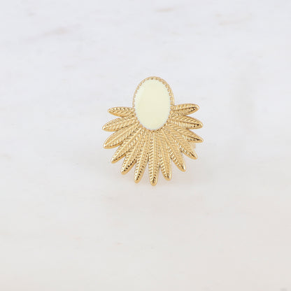 Bague avec feuillage et pièce ovale émaillée - Blanc